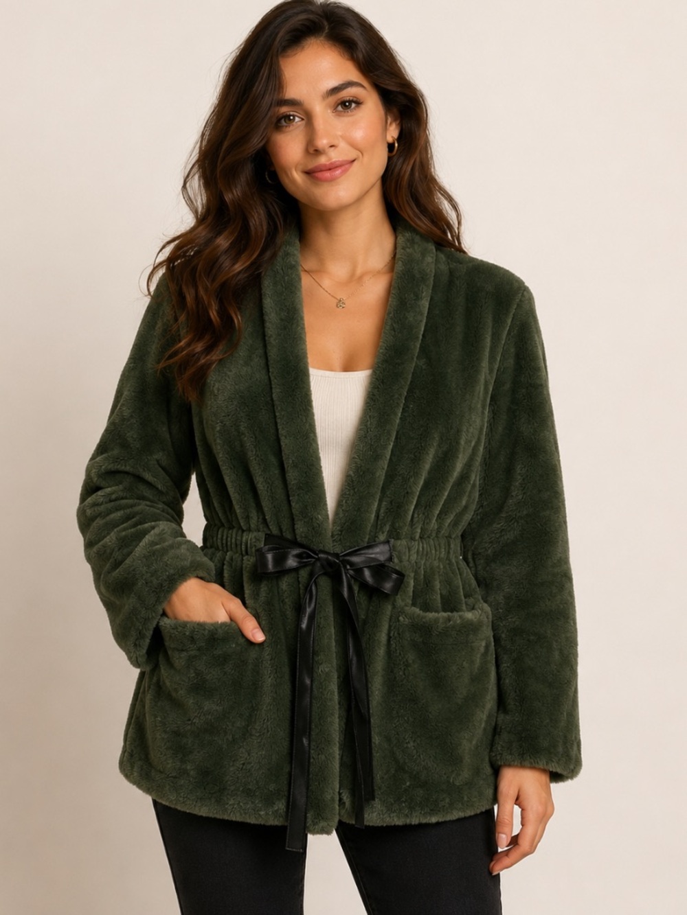 Salt Forest Green Faux Fur Jacket Tie Waist Size S